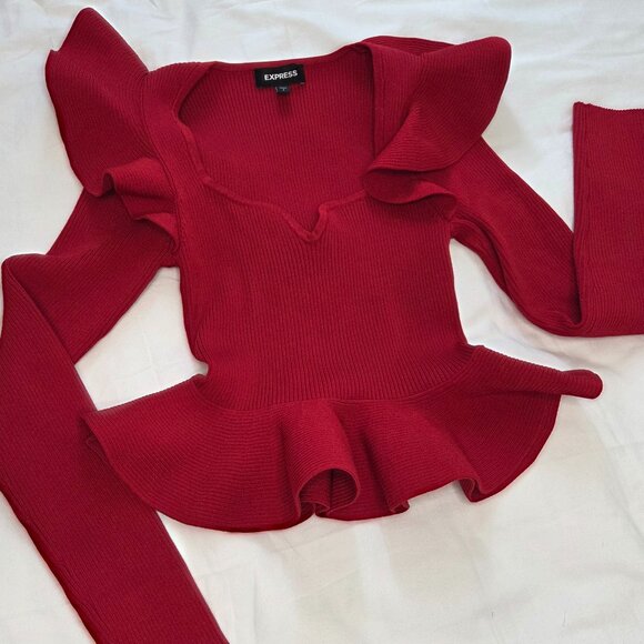 Express Ribbed Sweetheart Neckline Ruffle Peplum Sweater Size S - Picture 5 of 8